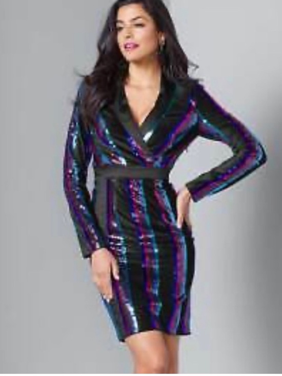 VENUS Dresses & Skirts - Venus Black Velvet Blue Pink Purple Sequin Tuxedo Style Long Sleeve Dress Size 2